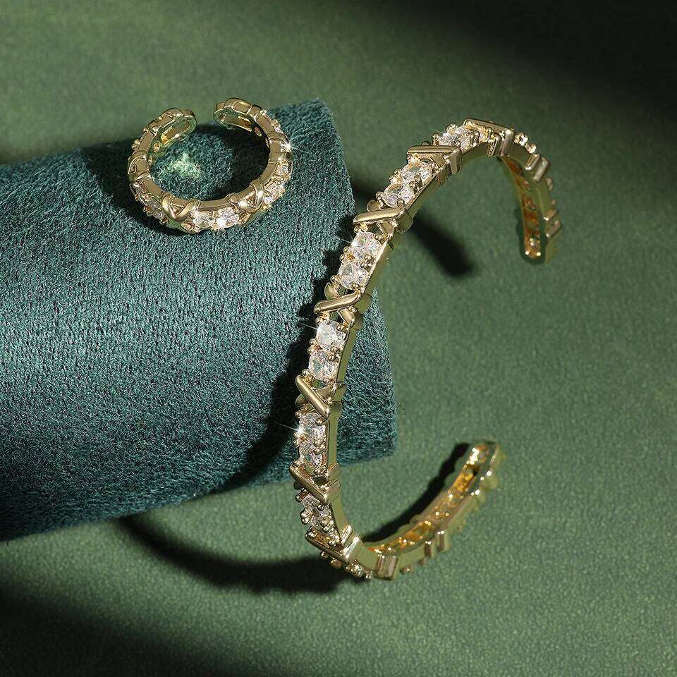 ZAKOL Fashion X Cross Zircon Bracelet Rings for Women Gorgeous Wedding Engagement Party Jewelry Set Factory Wholesale