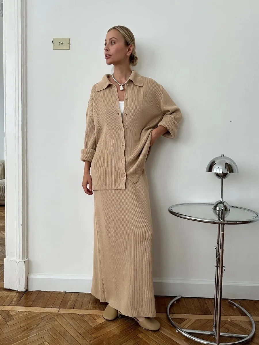 Blubelle Womens Autumn Winter Polo Collar Knit 2-Piece Set Cardigan Skirt Loose Casual Solid Color Knitted Sweater Outfit 251219