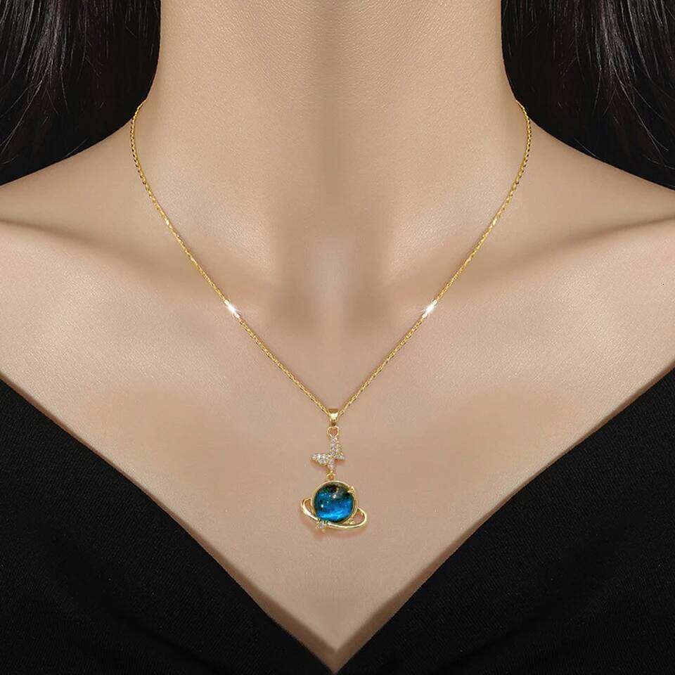 ZAKOL Light Luxury Stainless Steel Blue Starry Planet Pendant Necklace Fashion Women's Clavicle Chain Versatile Jewelry Gift