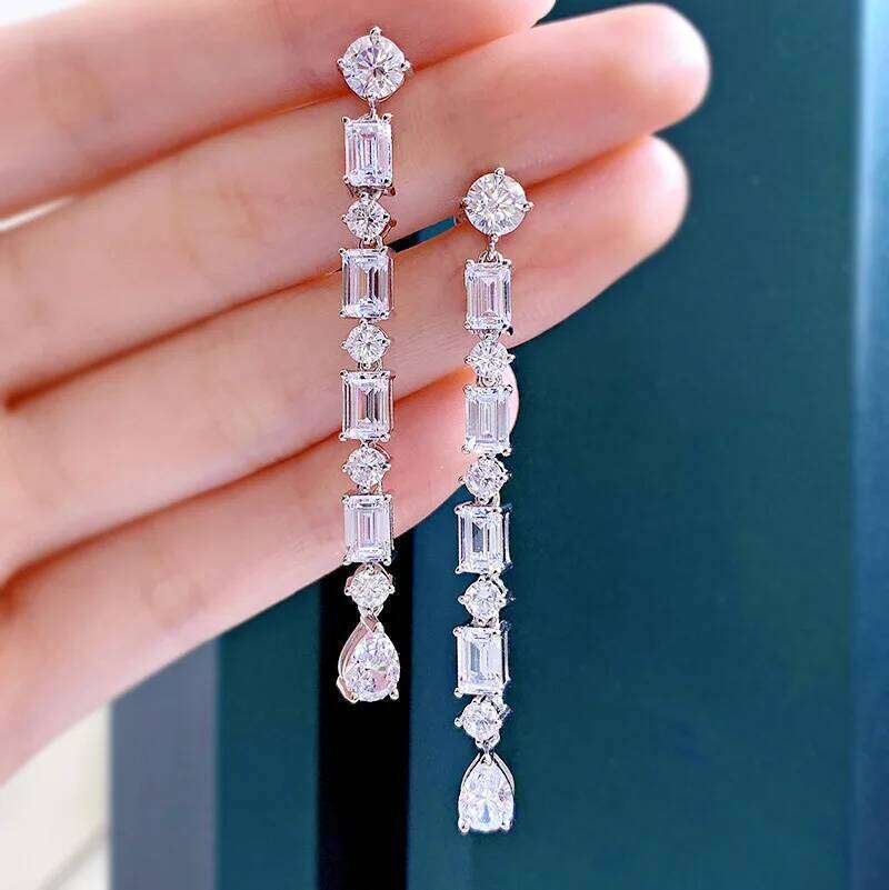 Luxury Geometric Water Zircon Long Drop Shiny Square Crystal Zirconia Charming Earrings Wedding Party Jewelry