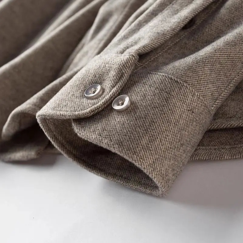 Mens Thick Long Sleeve Flannel Shirt Stand Collar Brown Autumn Winter Zhongshan Collar Traditional Chinese Style Clothing 251224