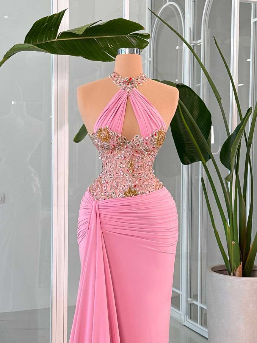 Luxury Halter Sequined Evening Dresses Sexy Sleeveless Rhinestones Mermaid Prom Dress Customized Floor Length Party Gown