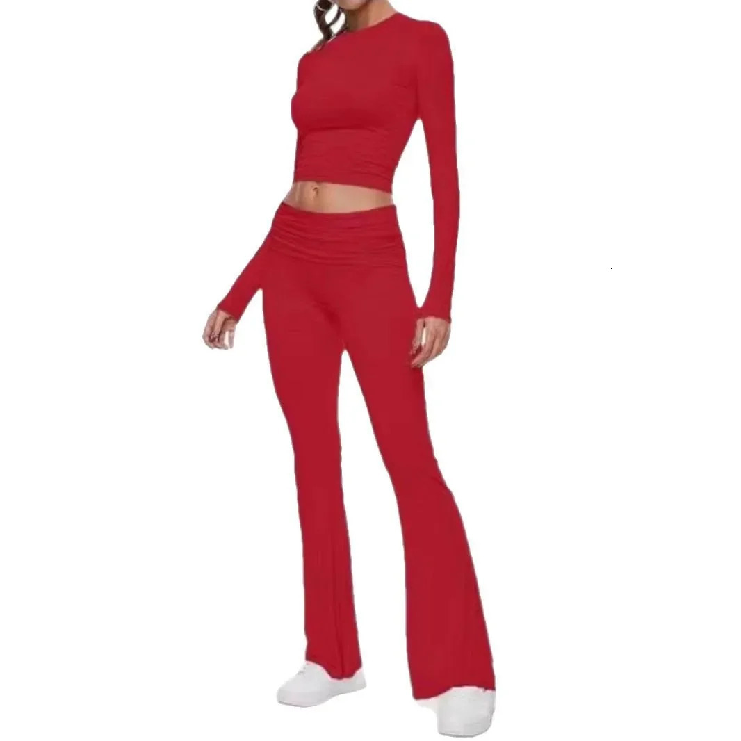 High-End Womens Long Sleeve Top And Flared Pants Set Fashionable And Stylish Polyester Fiber from Mainland China 251224
