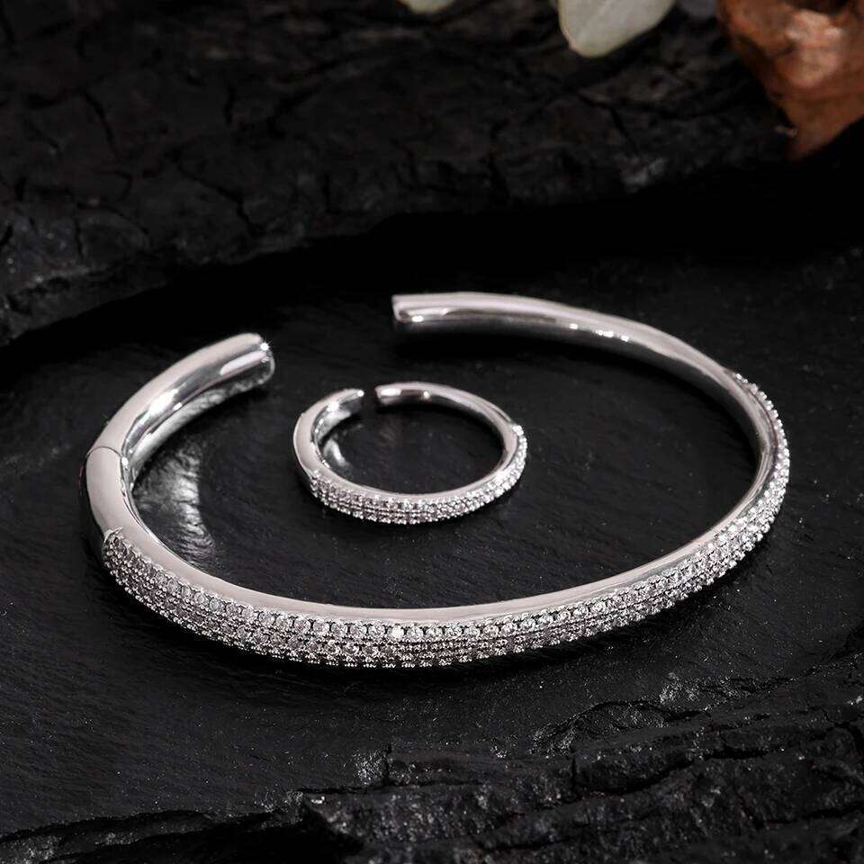 ZAKOL Buling Micro Zircon Inlaid Half Circle Open Ring And Bracelet Set Luxury Exquisite Versatile Bridal Wedding Party Jewelry