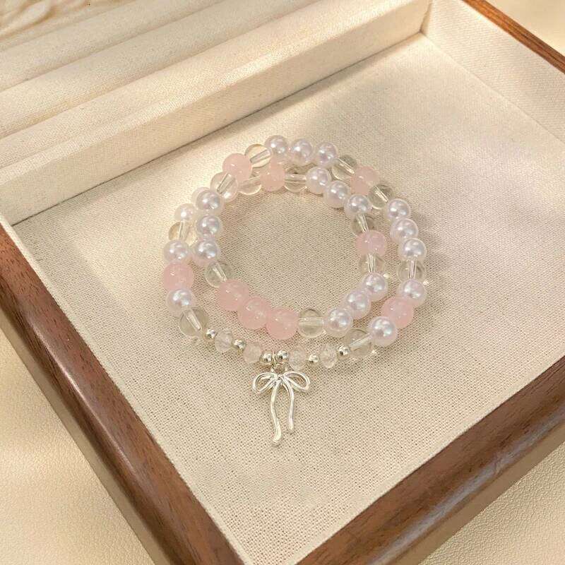 Cute Pink Beaded Imitation Pearl Bracelet For Women Girl Elegant Y2k Sweet Korean Charm Bowknot Bow Jewelry Party Gifts 25H1229