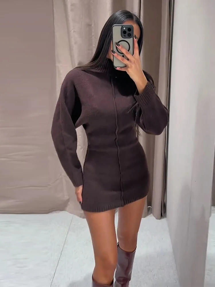 Knitted Long Sleeve Mini Sweater Dress Women High Collar Line Casual 2026 Spring Pullover Dresses Female Elegant Soft RobeJumper 251225