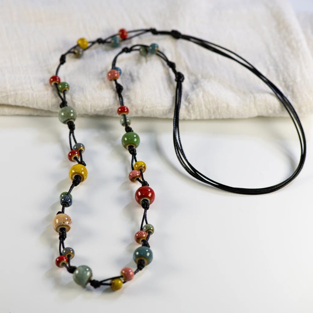 Handcrafted Bohemian Ceramic Necklace with Adjustable Wax Cord Boho Jewelry for Women Gift DIY Hand-made 251224