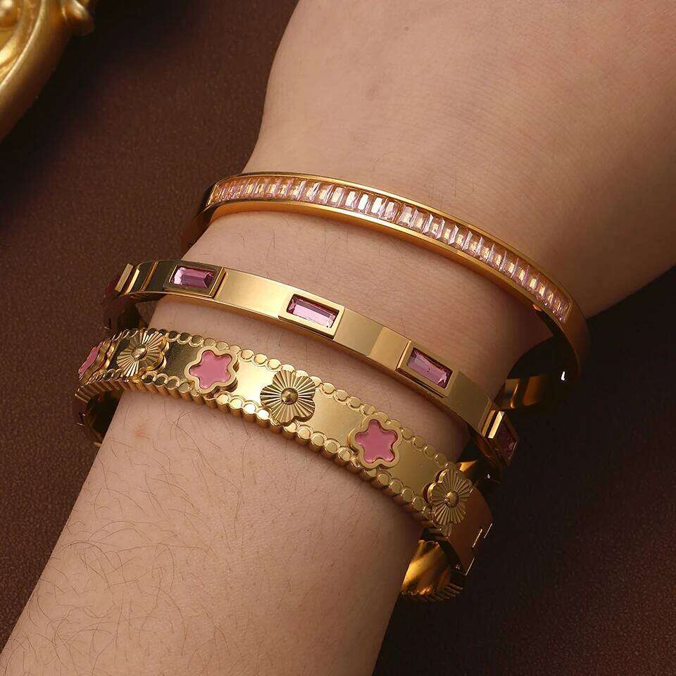 ZAKOL Luxury Pink Geometric Zircon Stainless Steel Bracelets for Women Gold Color Open Bangle Anniversary Jewelry Gifts 2025 New
