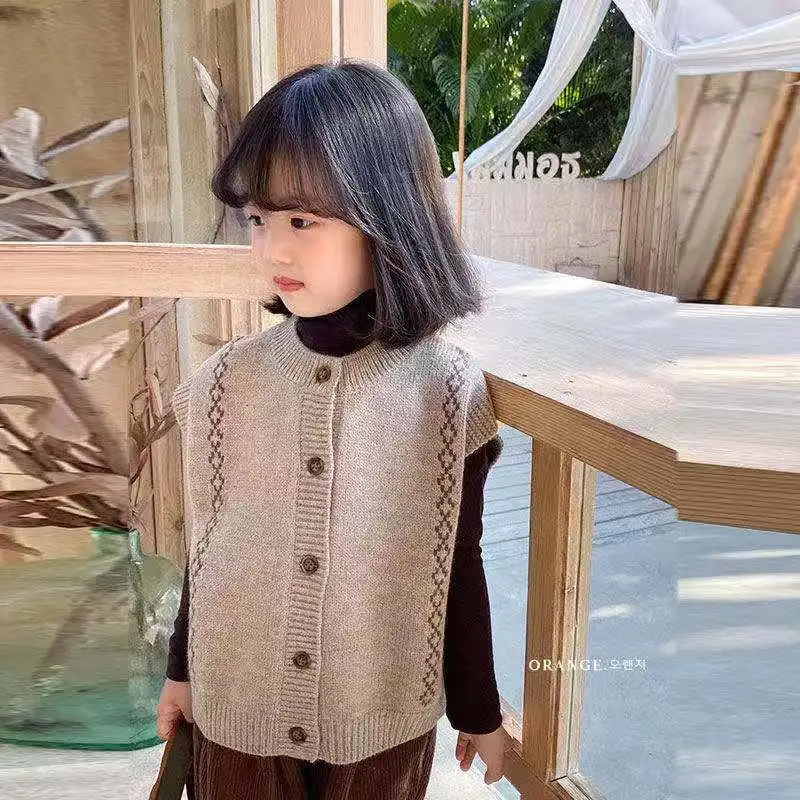 2025 Spring Autumn Children Girls Vest Cotton Knitted Sleeveless Open Stitch Sweater Stretch Vintage Warm Toddler Outfit 251215