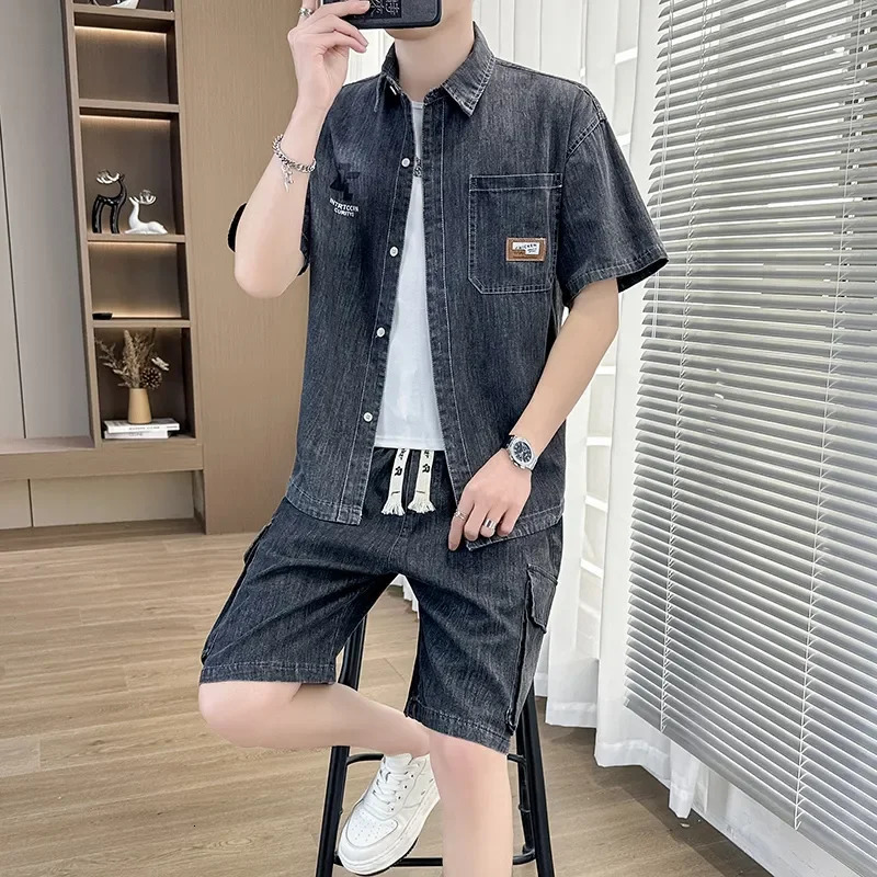 Summer Mens Thin Denim Short-sleeved Shirt Suit Trendy Loose Casual Shorts Two-piece Set 251225