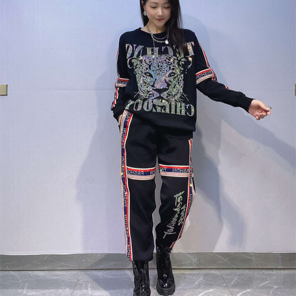 And American Women's Clothing Colorful Ribbon Splicing Long Sleeve Knitted Sweater Plus Size Trendy Brand European Goods Heavy Craft Rhinestone T