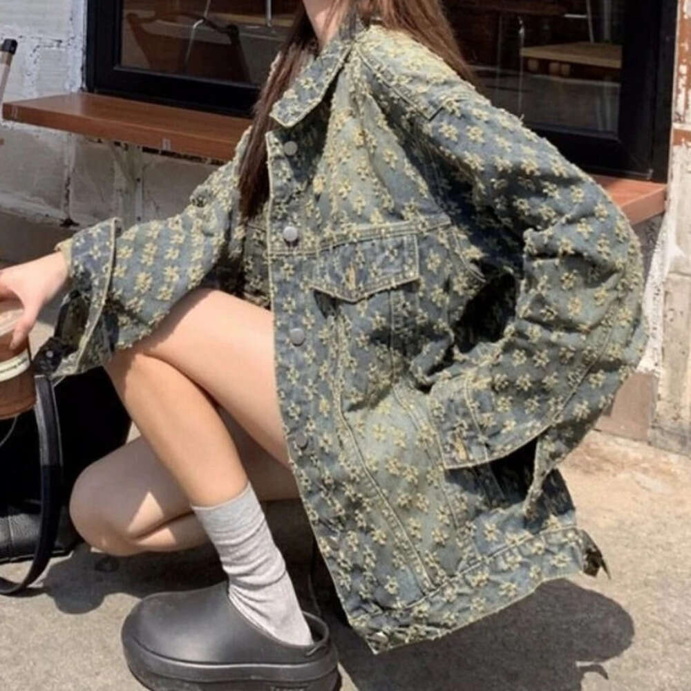 Women's Autumn Premium Jacquard Denim Jacket - Sweet & Designer Fashion 2026 Edgy Street Style, Vintage Relaxed Fit Biker Outerwear