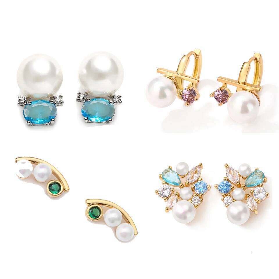 Cute Blue Oval Cubic Zirconia Stud Earrings for Women Simple Small Imitation Pearl Earring Delicate Birthday Jewelry