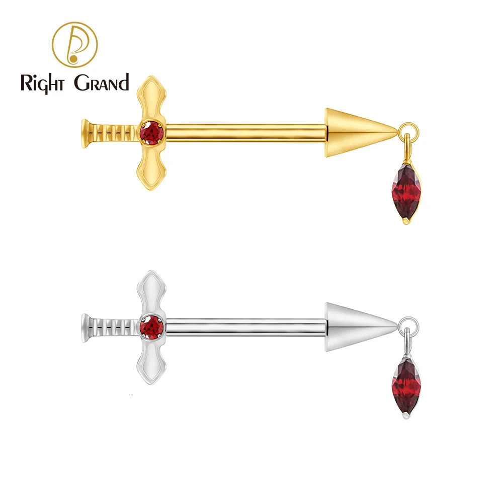 1Pc Right Grand ASTM 36 Sword Dangle CZ Nipple Ring 14G Poniard Straight Barbell Piercing with Marquise Dangling 251224