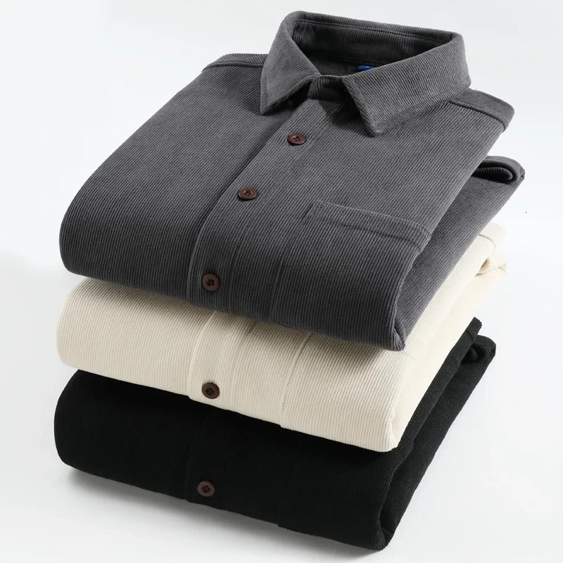 Mens Long Sleeve Fleece Lined Corduroy Shirts Flannel Fur Lined Formal Shirts Fleece Business Casual Shirt for Men Dress Shirts 251224