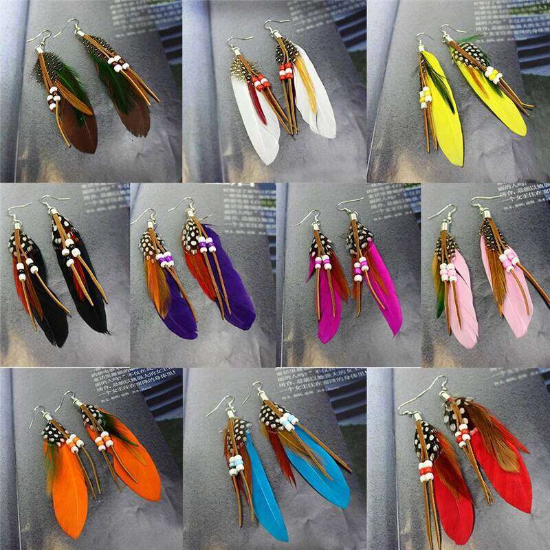 1Pair Tassel Dangling Colorful Feather Leather Beads Earrings Indian Feathers Summer Womens Fashion Jewelry C251227