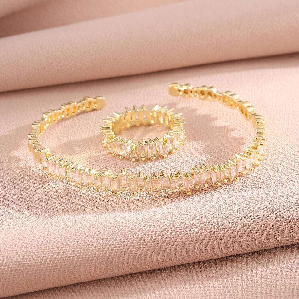 ZAKOL Classic Colorful Baguette Zircon Bangle Rings for Women Shiny Crystal Engagement Wedding Jewelry Christmas Gift