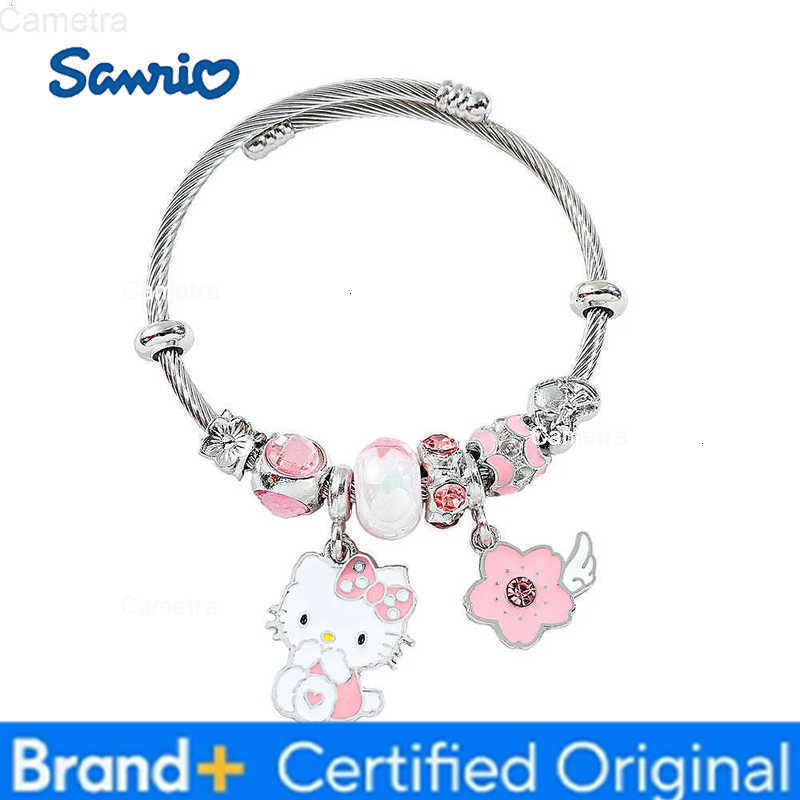 Sanrio Hello Kitty Pink Enamel Charm Bracelet Cherry Blossom Pendant Cute Bangle for Women Girls Fashion Accessory H251229