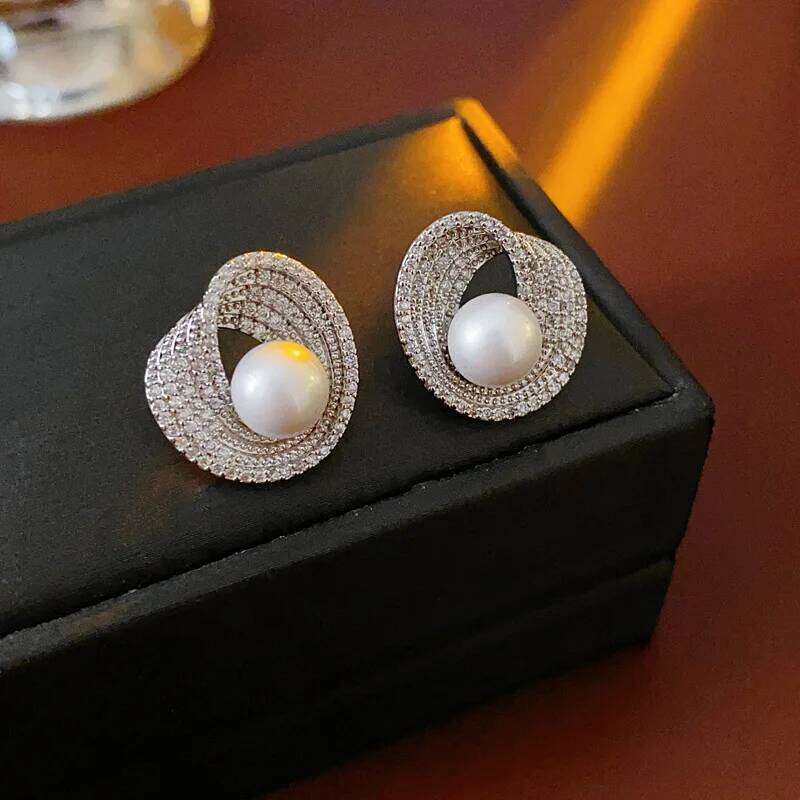 ZAKOL Luxury AAA Zircon Round Pearl Earrings for Women Irregular Stud Earring Temperament Wedding Party Jewelry