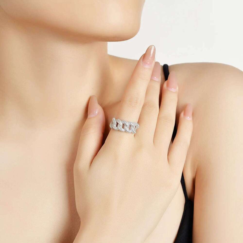 18K gold inlaid diamond moissanite fashionable and personalized PT950 platinum women's double row ring, Cuban ring 782