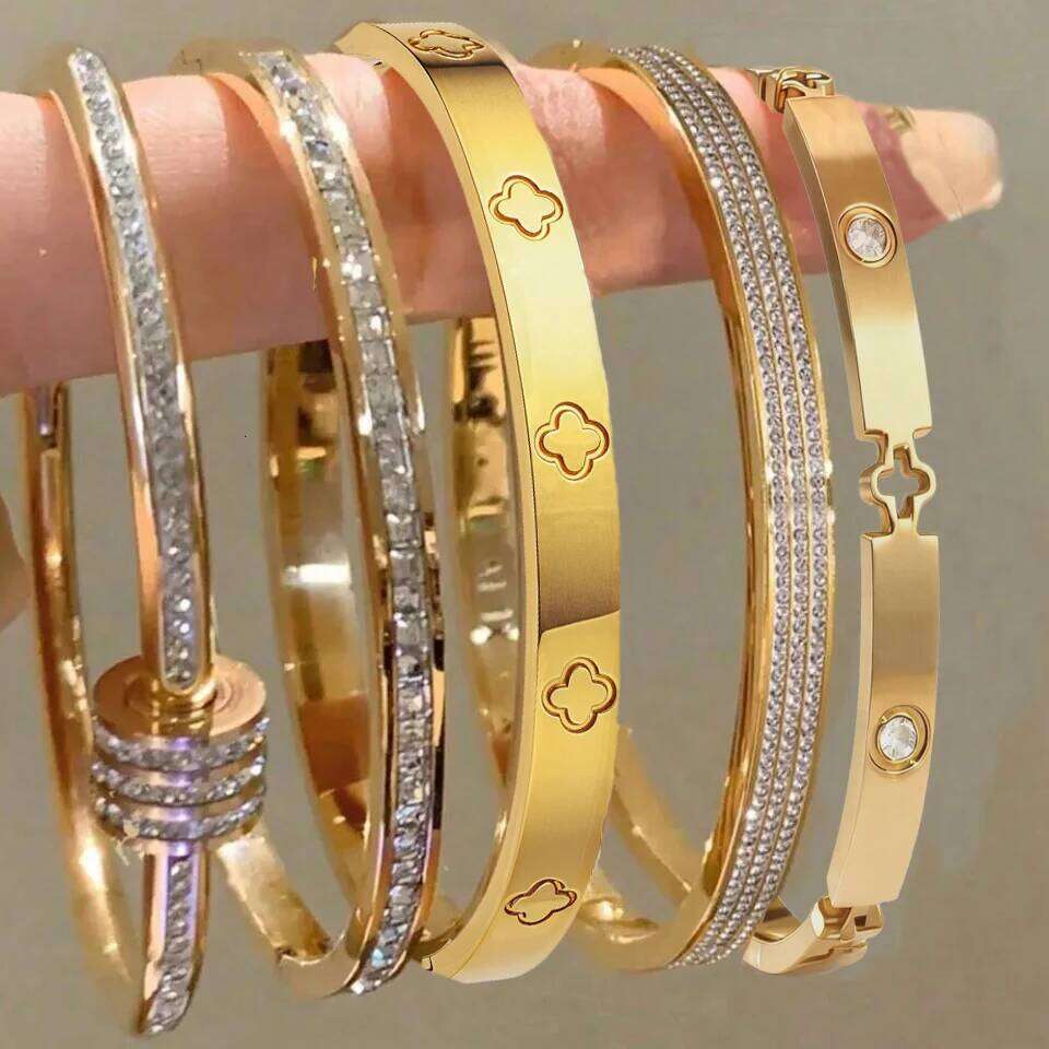 ZAKOL 5/1pcs Creative Stainless Steel Four-leaf Flower Bracelet Set for Women Buling Zirconia Inlaid Fashion Stackable Jewelry