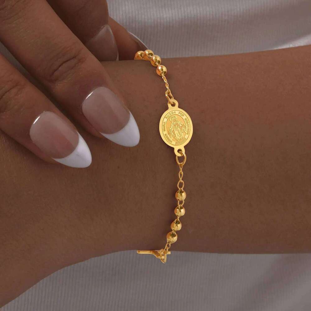 Three-color Holy Rosary Cross Bracelet for Women,Round Bead Stainless Steel Gold Color Bracelet,Virgin Mary Christianity Jewelry 25H1229