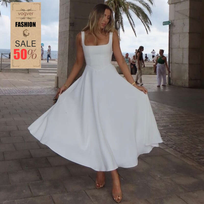 Dress for women Elegant Solid Color Square Neck Sleeveless Waist-Cinching Strap Dress, 2026 Spring Summer New European and American Fashion Vacation O