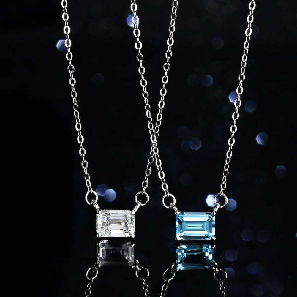 Natural blue topaz 18K gold necklace pendant for women one Ct geometric rectangular moissanite PT950 platinum clavicle chain 527