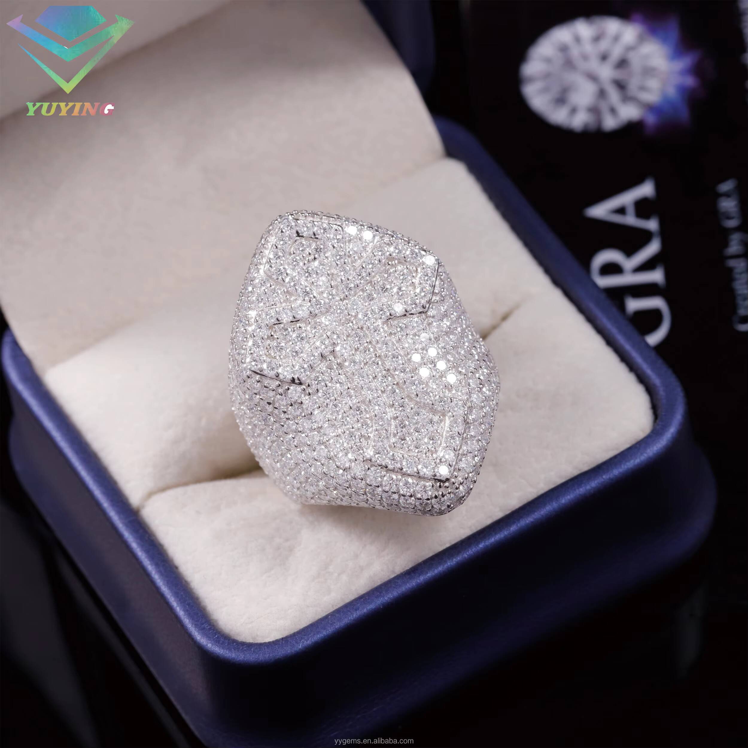 Hot Sale Raised Cross Full Iced Out Round Moissanite Diamonds White Gold Plated 925 Sterling Silver Cross Rings Hip Hop Jewelry