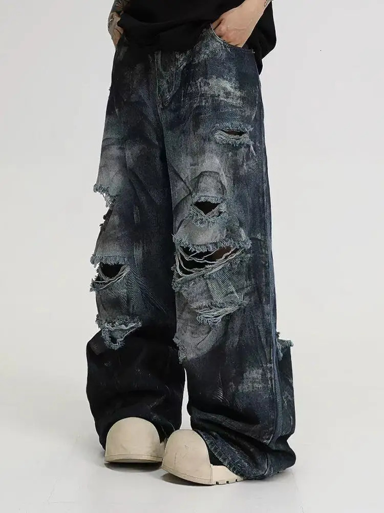 Inkjet Hole Jeans Men Women American Washed Hip-Hop Wide-Leg Gothic Street Straight Pants Z260313