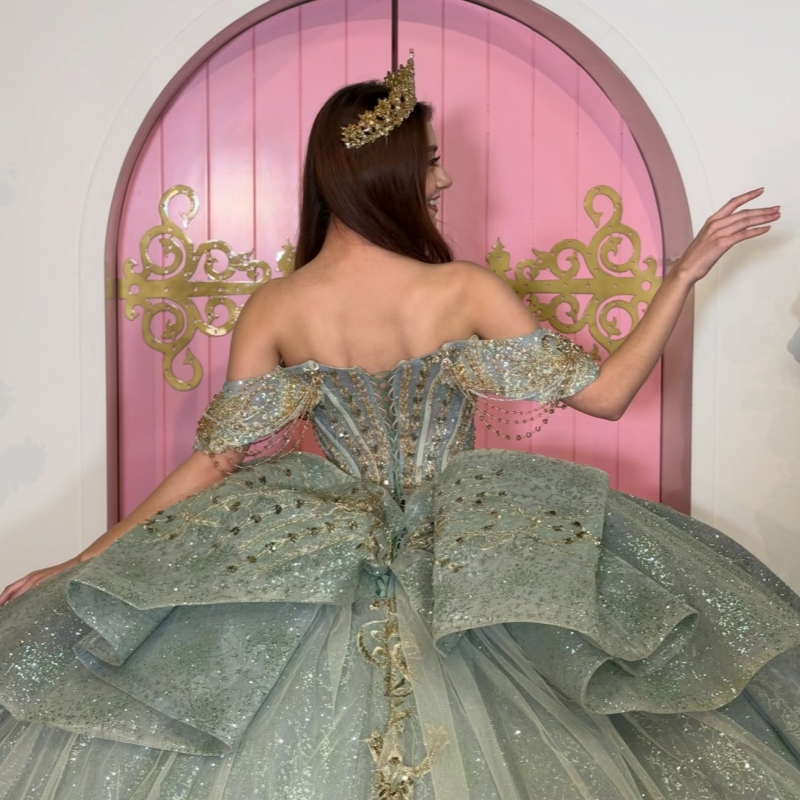 Aqua Blue Shiny Quinceanera Dresses Ball Gown Off The Shoulder Applique Lace Beading Crystal Bow Corset Party Birthday Sweet 16 Dres Vestidos 15 Anos