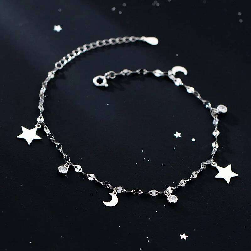 WANTME 925 Sterling Silver Luxury Shiny Zircon Star Moon Romantic Chain Anklet For Women Simple Fashion Korean Charm Jewelry