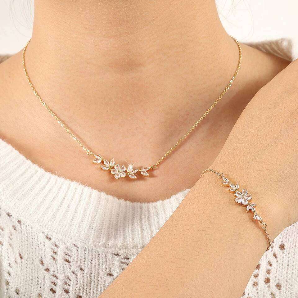 ZAKOL Elegant Shiny Zircon Leaf Flower Charm Bracelet Necklace Packing Box 3 Pcs Set Unique Jewelry Gifts for Women