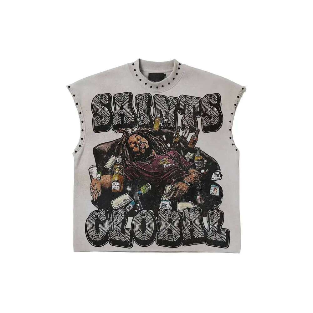 Y2K Popular Willow Nail Round Neck Vest Retro Punk Hip Hop Oversized Printed Pure Tops Classic Loose Sleeveless T Shirt