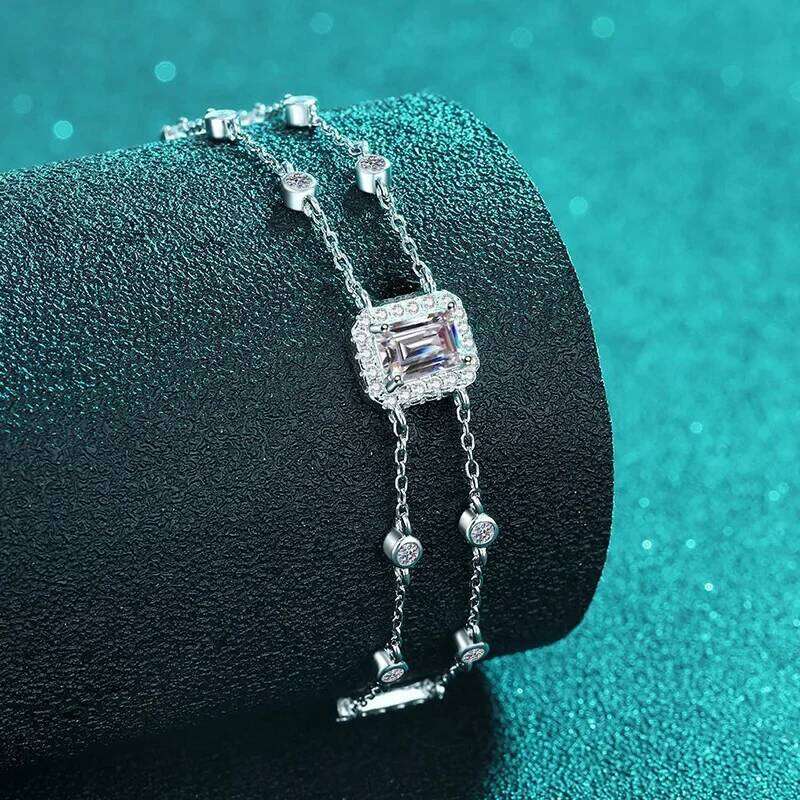 18K Gold Hand-inlaid Moissanite for Women Rectangular Chamfered Sapphire Colored Stone Double Chain Bracelet 591