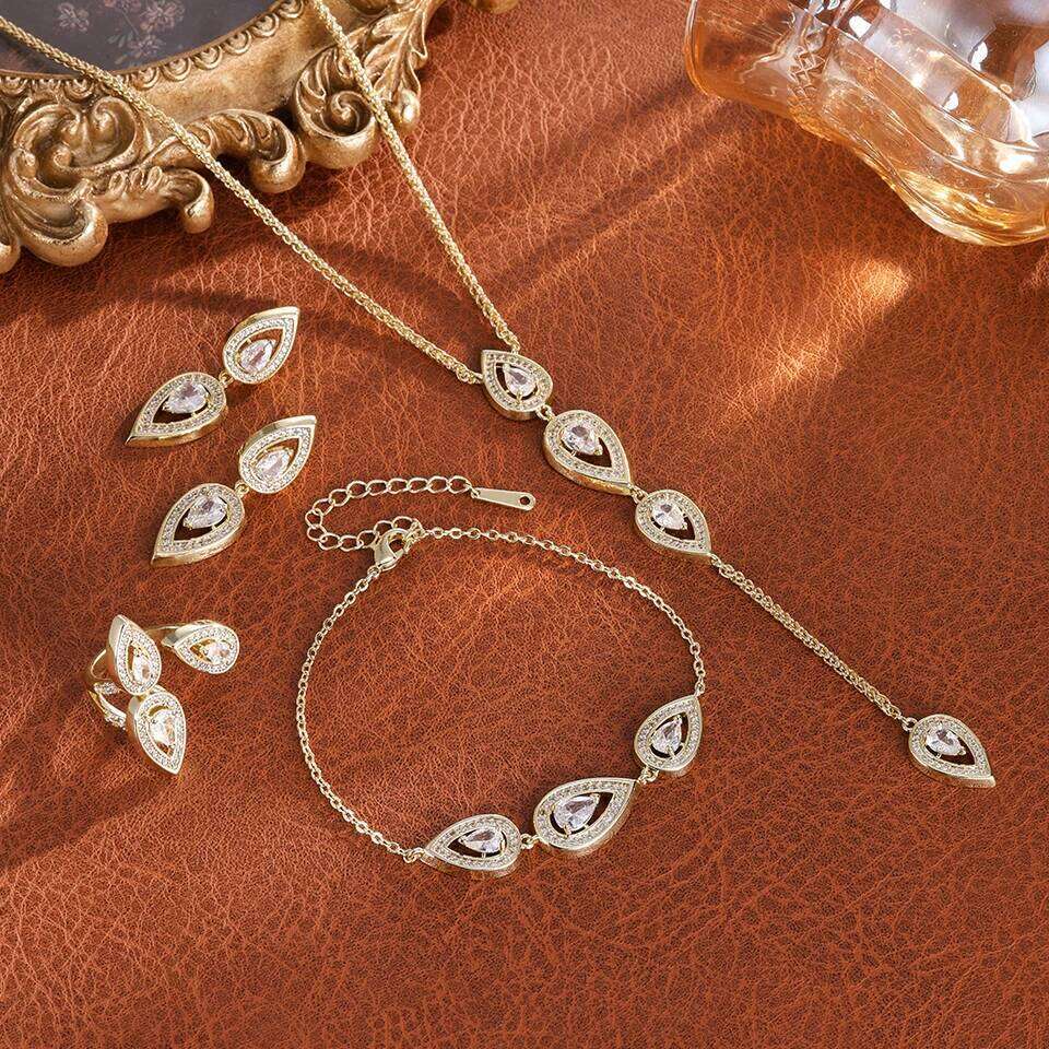 ZAKOL Luxury 18K Gold Plated AAA Cubic Zirconia Earring Necklace Jewelry Set Pear-shaped Water Drop Crystal Party Accessories