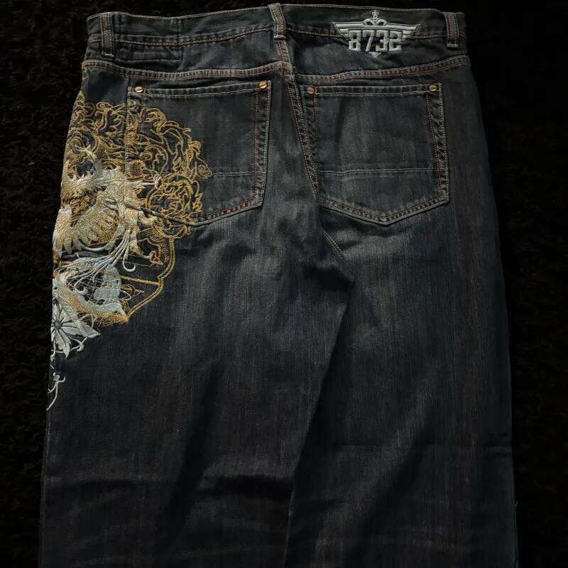 American New Fashion Oversize Pattern Embroidered Baggy Jeans Men Y2K Gothic Harajuku Hip Hop Straight High Waist Wide Leg Pants