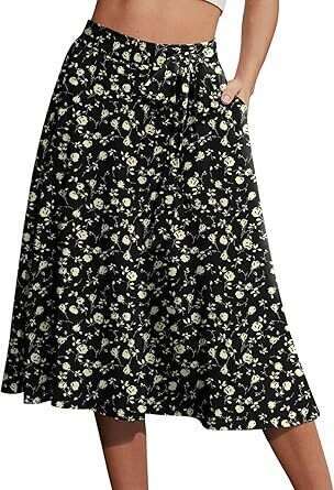 Women's A-Line Cake Waist Casual Midi Draped Elastic Flared Drawstring Fringe Hem Punk Vintage for Casual Wear Printed Pocket