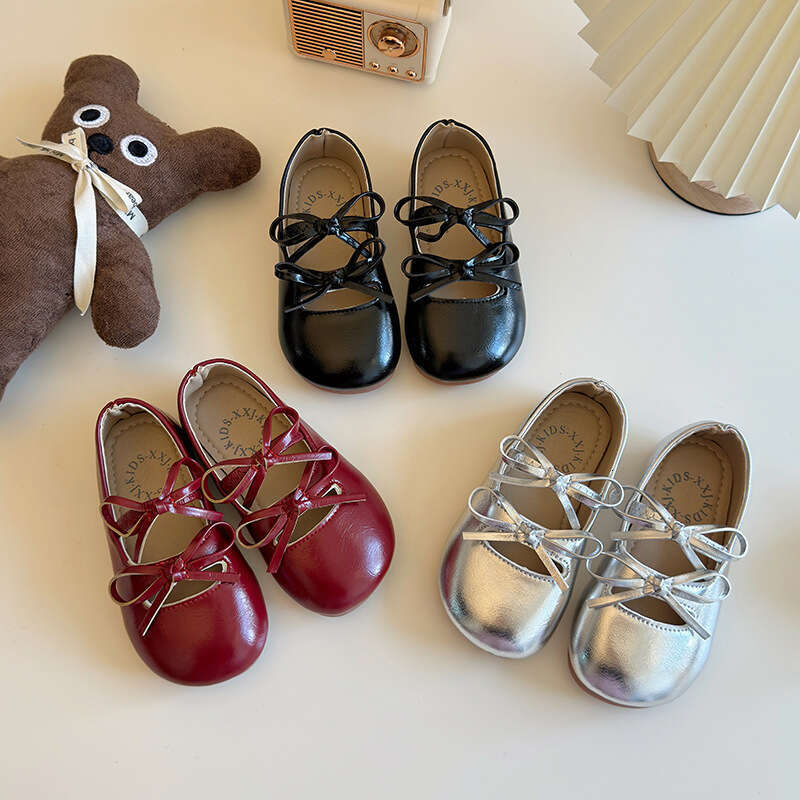 Korean Style Girls' Leather Shoes 2025 Spring and Autumn New Bow Princess Ballet Flats Soft Sole Slip-On Moccasins