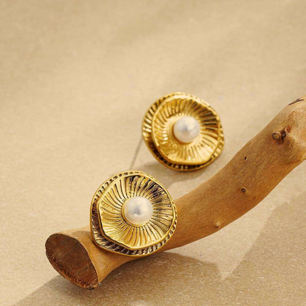 Vintage Gold Plated Stainless Steel Earrings For Women Metal Weave Double Layer Imitation Pearl Stud Earring Elegant Jewelry