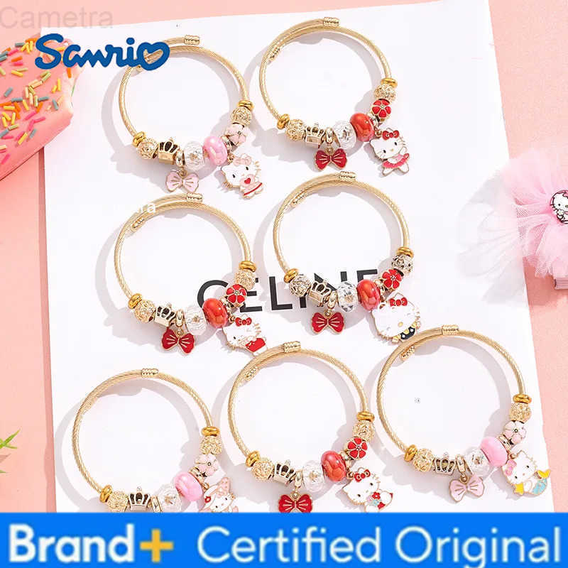 Sanrio Sweet Cartoon Cute Hello Kitty Flower Bowknot Charms Bracelets for Women Girls Saniro Gold Color Stainless Steel Bangle Jewelry H251229