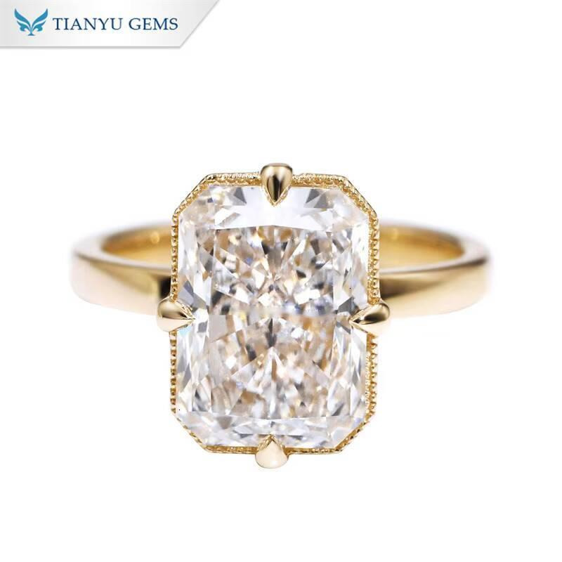 Tianyu Gems 10x8mm 4ct Radiant Cut Moissanite Ring Compass Prongs Hidden Halo 18k 14k 10k Yellow Gold Solitaire Rings for Women