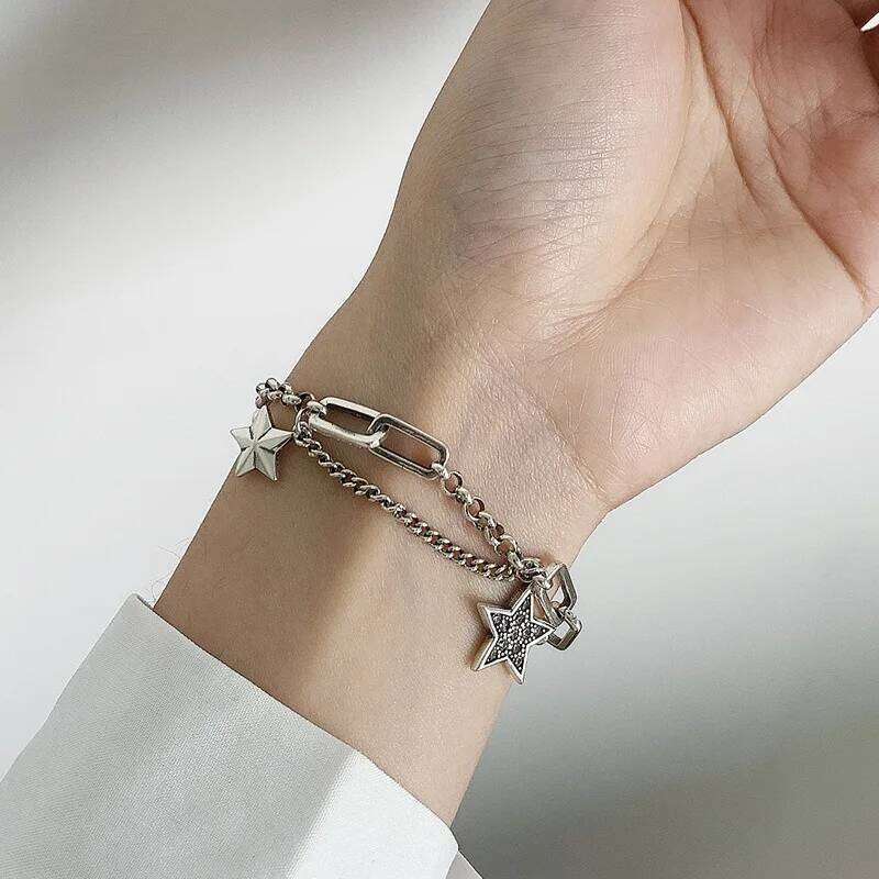 925 Sterling Silver Charm Bracelet &Bangle for Women Couples Vintage Simple Stars Zircon Bracelets Party Jewelry Gift 25H1229