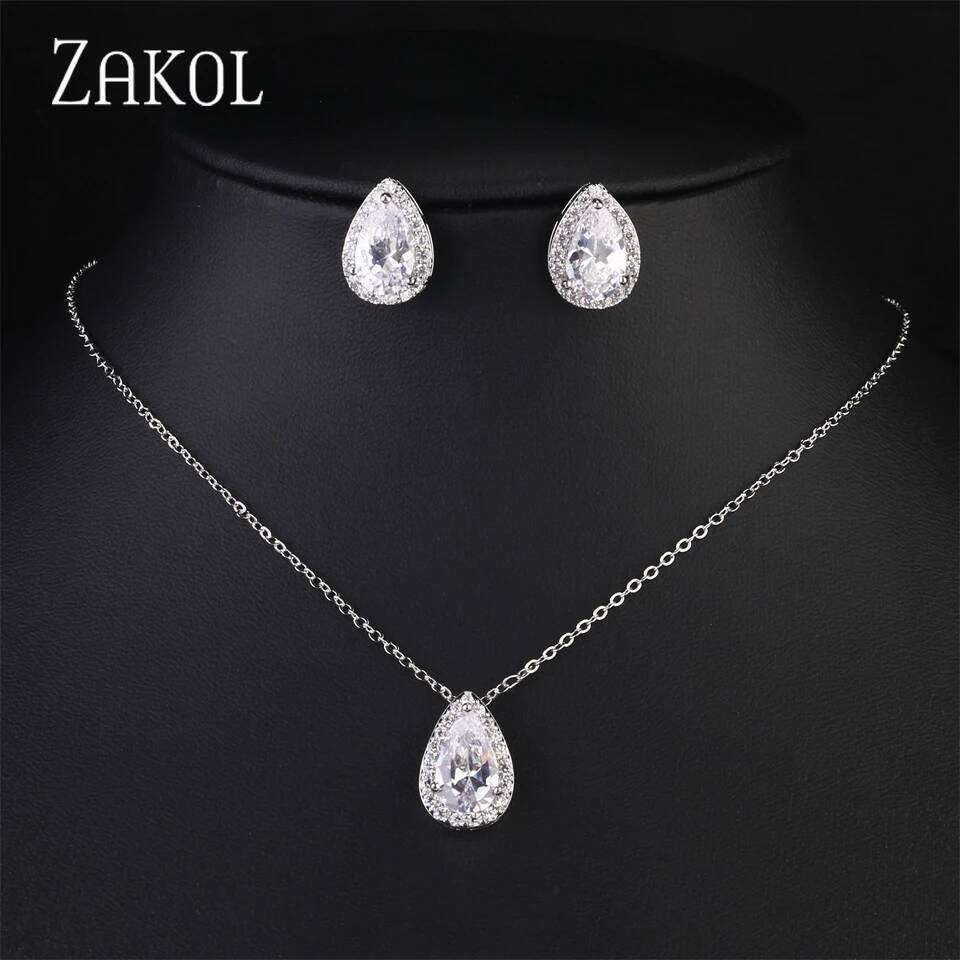 ZAKOL Classic Water Drop Zirconia Wedding Set for Women Shiny AAA Cubic Zircon Earrings Necklace Jewelry Sets Gift