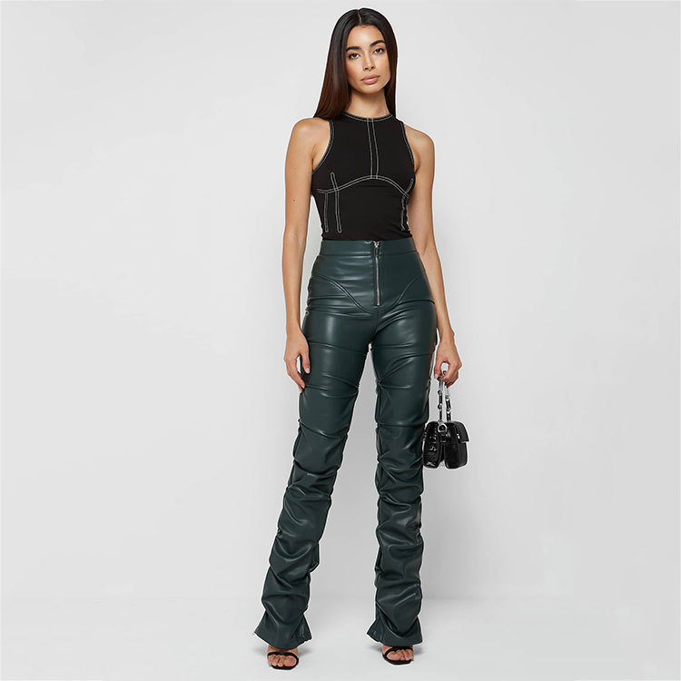 Womens Fashion Tight PU Leather Pants Unique Folded Flared Pants for Women All Seasons Style CX200804