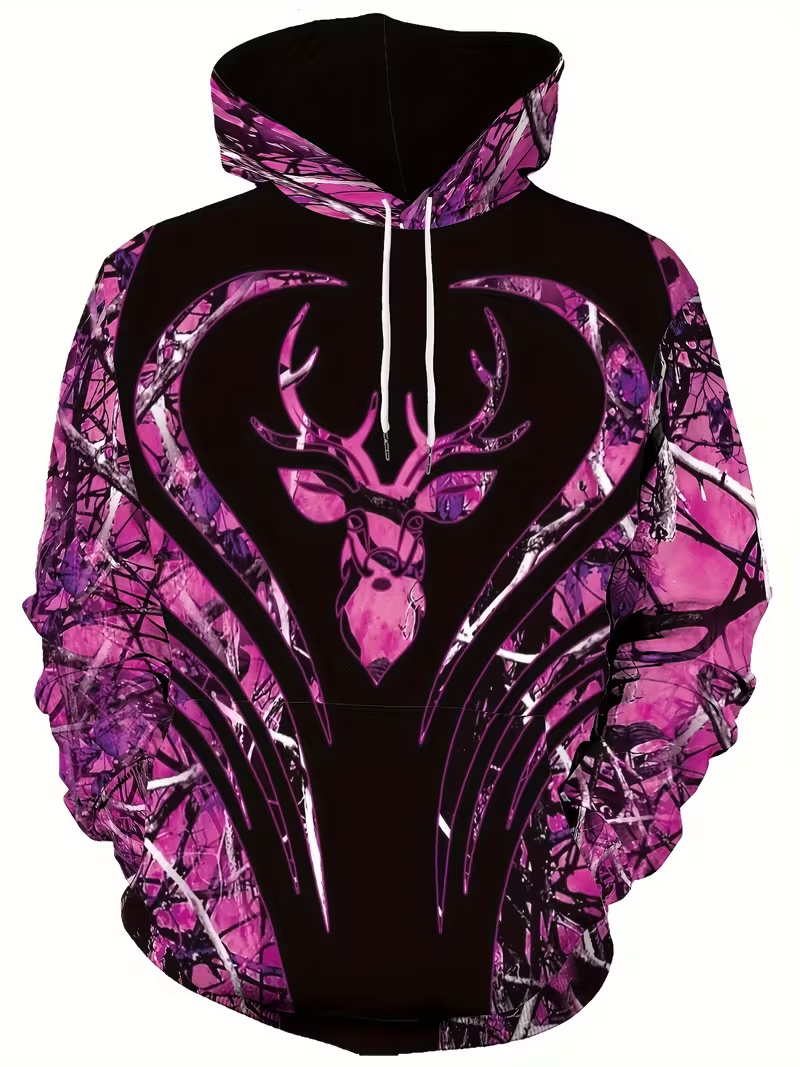 Trendy Men's Hoodie with Pink & Black Camouflage Heart Deer Print Stylish Oversized Pullover Casual Hooded Sweatshirt
