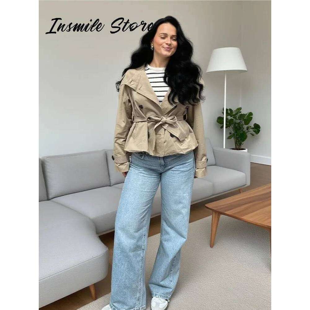 Fashion Belt Short Trench Coat Women Stand Collar Double Breasted Long Sleeve Jacket 2026 Spring Autumn Lady Street Outwear New ZHE HAN