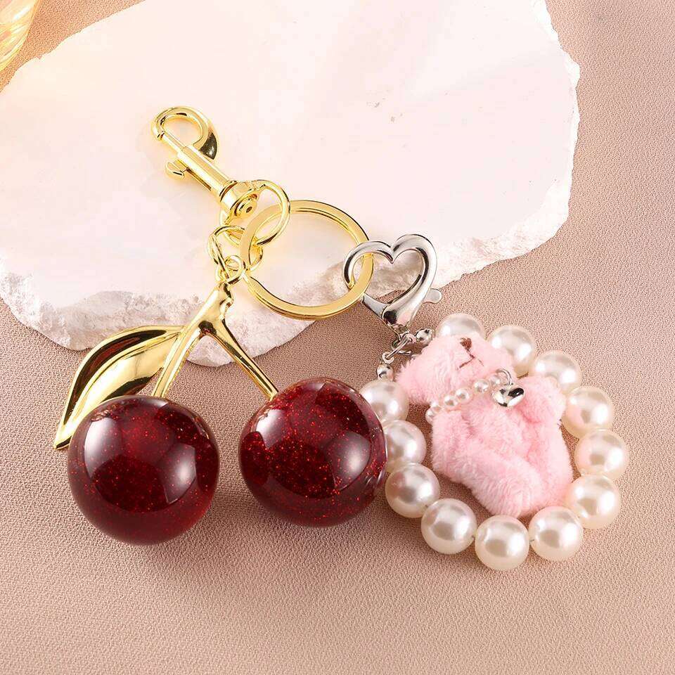 ZAKOL 2pcs/Set Red Cherry Keychain With Pearl Bead Doll Bear Fashion Aesthetic Bag Pendant Accessories Christmas Jewelry Gift