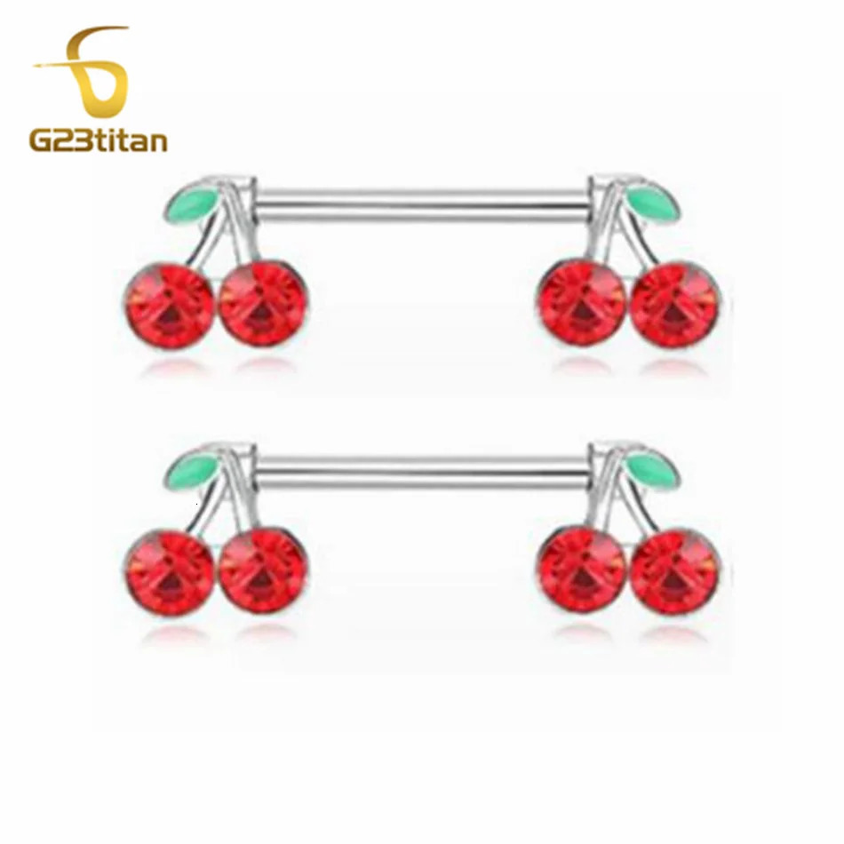 2pcs 14G Barbell Sweet Cute Cherry Shaped Zircon Breast Ring For Women Body Piercing Sexy Nipple Ring Jewelry Ornament 251224