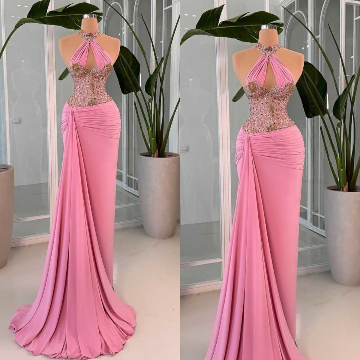 Luxury Halter Sequined Evening Dresses Sexy Sleeveless Rhinestones Mermaid Prom Dress Customized Floor Length Party Gown